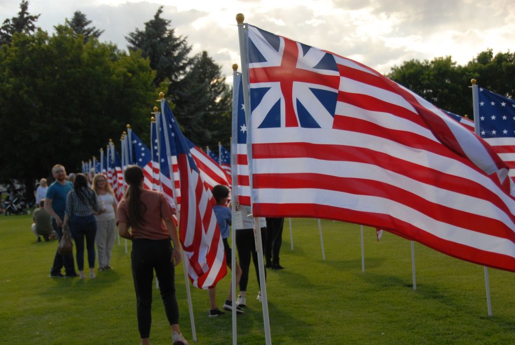 Versions of the American Flag all lined up